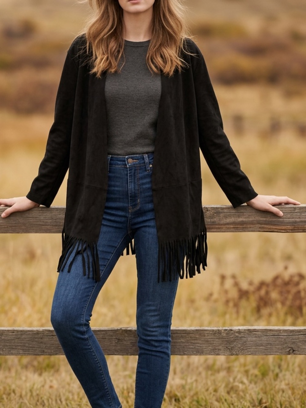 Zara Black Fringe Suede-Look Open Cardigan